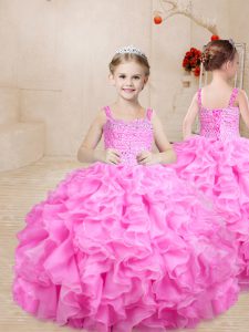 Rose Pink Lace Up Little Girls Pageant Dress Beading and Ruffles Sleeveless Floor Length