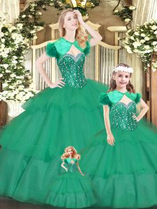 Green Organza Lace Up Sweetheart Sleeveless Floor Length Quince Ball Gowns Beading and Ruffled Layers
