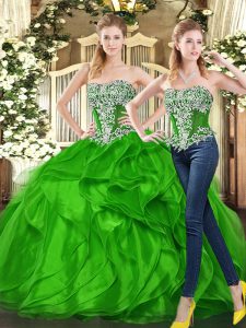 Customized Green Organza Lace Up Sweet 16 Dresses Sleeveless Floor Length Beading and Ruffles