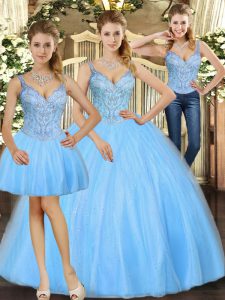 Inexpensive Sleeveless Floor Length Beading Lace Up Quinceanera Dress with Baby Blue