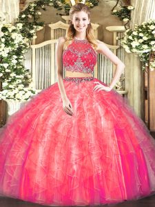 Tulle Scoop Sleeveless Zipper Beading and Ruffles Ball Gown Prom Dress in Coral Red