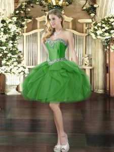 Adorable Green Tulle Lace Up Prom Gown Sleeveless Mini Length Beading and Ruffles