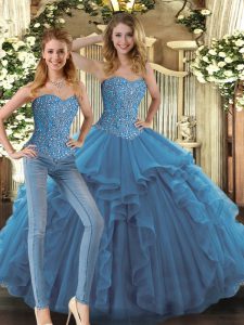 Colorful Teal Sweetheart Neckline Beading and Ruffles Quince Ball Gowns Sleeveless Lace Up