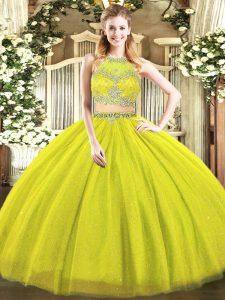 Fashionable Olive Green Sleeveless Beading Floor Length Quinceanera Gown