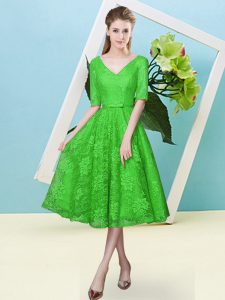 Half Sleeves Tea Length Bowknot Lace Up Bridesmaid Dresses with Green