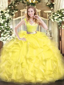 Beading and Ruffles Sweet 16 Quinceanera Dress Yellow Zipper Sleeveless Floor Length