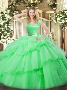 Cheap Floor Length Zipper Quinceanera Gown Green for Military Ball and Sweet 16 and Quinceanera with Ruffled Layers