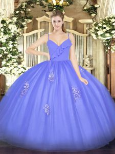 Blue Ball Gowns Appliques 15 Quinceanera Dress Zipper Tulle Sleeveless Floor Length