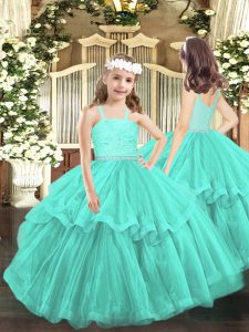 Turquoise Organza Zipper Straps Sleeveless Floor Length Child Pageant Dress Beading and Lace
