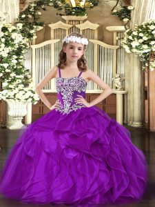 Enchanting Floor Length Purple Child Pageant Dress Organza Sleeveless Appliques and Ruffles