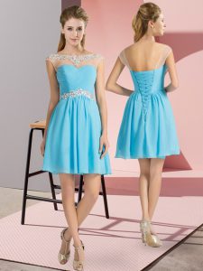 Glamorous Empire Prom Dresses Aqua Blue Scoop Chiffon Cap Sleeves Mini Length Lace Up