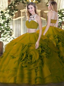 Hot Sale Tulle High-neck Sleeveless Backless Beading and Ruffled Layers Quinceanera Dresses in Olive Green