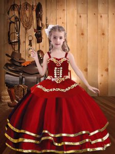 Hot Sale Straps Sleeveless Girls Pageant Dresses Floor Length Embroidery and Ruffled Layers Red Organza