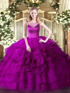 Pretty Fuchsia Sleeveless Floor Length Beading and Ruffled Layers Side Zipper Ball Gown Prom Dress