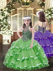 Green Ball Gowns Organza Halter Top Sleeveless Beading and Ruffled Layers Floor Length Lace Up Little Girl Pageant Dress