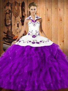 Ball Gowns Sweet 16 Dresses Eggplant Purple Halter Top Satin and Organza Sleeveless Floor Length Lace Up