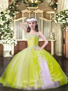 Yellow Ball Gowns Straps Sleeveless Tulle Floor Length Lace Up Beading Little Girls Pageant Gowns