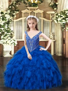 Discount Beading and Ruffles Little Girls Pageant Dress Wholesale Royal Blue Lace Up Sleeveless Floor Length