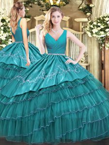 Best Selling Teal Sleeveless Floor Length Embroidery and Ruffled Layers Zipper Sweet 16 Quinceanera Dress