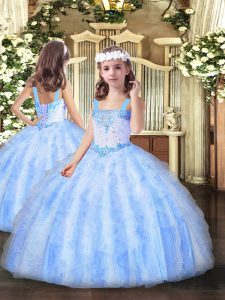 Organza Straps Sleeveless Lace Up Beading and Ruffles Winning Pageant Gowns in Light Blue