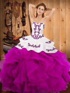 Fuchsia Ball Gowns Strapless Sleeveless Satin and Organza Floor Length Lace Up Embroidery and Ruffles 15th Birthday Dres