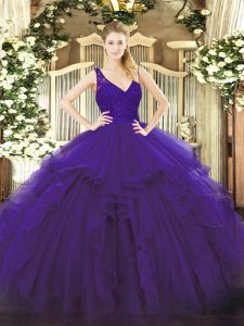 Floor Length Purple Sweet 16 Dresses V-neck Sleeveless Zipper