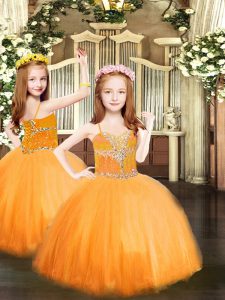 Elegant Orange Sleeveless Beading Floor Length Little Girl Pageant Gowns