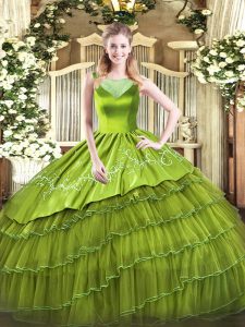 Floor Length Olive Green Quinceanera Gowns Organza Sleeveless Beading and Embroidery