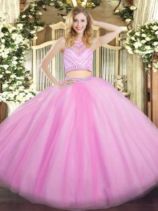 Lilac Tulle Zipper Ball Gown Prom Dress Sleeveless Floor Length Beading and Ruffles