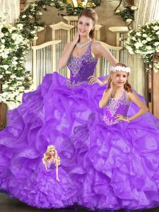 Straps Sleeveless Lace Up 15th Birthday Dress Eggplant Purple Organza