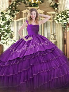Eggplant Purple Sleeveless Satin and Organza Zipper Quinceanera Dress for Military Ball and Sweet 16 and Quinceanera