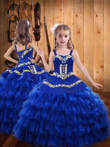 Chiffon Straps Sleeveless Lace Up Embroidery and Ruffled Layers Little Girls Pageant Dress in Royal Blue