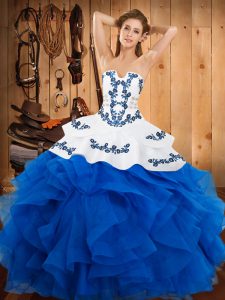 Satin and Organza Strapless Sleeveless Lace Up Embroidery and Ruffles Sweet 16 Dress in Blue