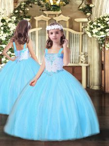 Beautiful Floor Length Aqua Blue Custom Made Pageant Dress Straps Sleeveless Lace Up