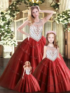 Pretty Floor Length Lace Up Quinceanera Gowns Wine Red for Military Ball and Sweet 16 and Quinceanera with Beading