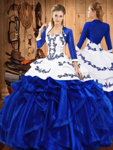 Unique Ball Gowns 15th Birthday Dress Blue Strapless Satin and Organza Sleeveless Floor Length Lace Up