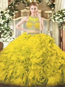 Gold Ball Gowns Beading Sweet 16 Dress Zipper Fabric With Rolling Flowers Sleeveless Floor Length