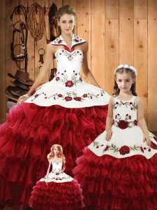 Dazzling Ball Gowns 15 Quinceanera Dress Wine Red Halter Top Tulle Sleeveless Floor Length Lace Up