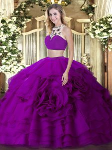 Shining Floor Length Backless Quinceanera Gowns Fuchsia for Military Ball and Sweet 16 and Quinceanera with Beading and 