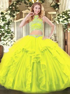 Trendy Yellow Green Sleeveless Tulle Backless Sweet 16 Quinceanera Dress for Military Ball and Sweet 16 and Quinceanera