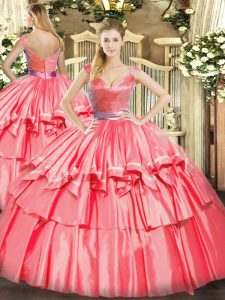 Glamorous Tulle Sleeveless Floor Length Quince Ball Gowns and Beading and Ruffled Layers