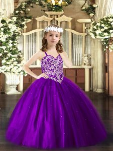 New Style Floor Length Lace Up Little Girls Pageant Dress Wholesale Purple for Party and Quinceanera with Beading