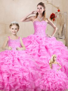 Noble Floor Length Lace Up Quinceanera Dresses Rose Pink for Sweet 16 and Quinceanera with Beading and Ruffles