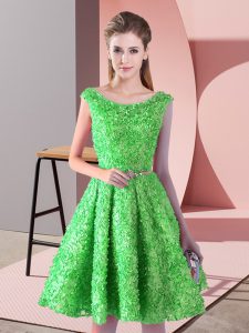 Belt Prom Gown Green Lace Up Sleeveless Knee Length