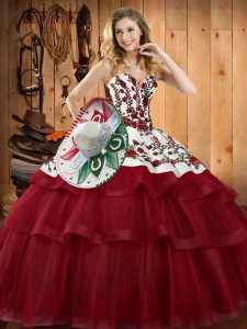 Sleeveless Organza Sweep Train Lace Up Quinceanera Dresses in Wine Red with Embroidery