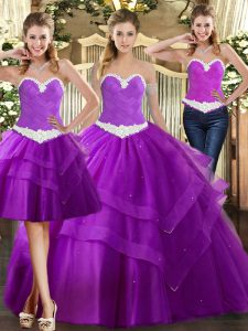 Purple Three Pieces Organza Sweetheart Sleeveless Appliques Floor Length Lace Up Ball Gown Prom Dress