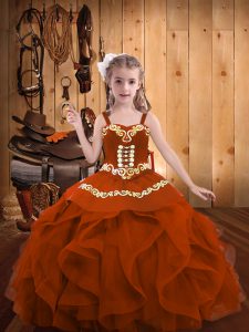 Trendy Rust Red Sleeveless Embroidery and Ruffles Floor Length Little Girl Pageant Dress