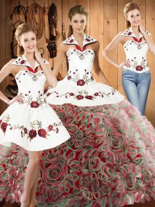 Multi-color Three Pieces Fabric With Rolling Flowers Halter Top Sleeveless Embroidery Lace Up Quince Ball Gowns Sweep Tr