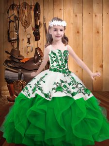 Graceful Green Ball Gowns Organza Straps Sleeveless Embroidery and Ruffles Floor Length Lace Up Kids Pageant Dress