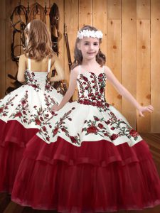 Sleeveless Organza Floor Length Lace Up Little Girls Pageant Gowns in Wine Red with Embroidery